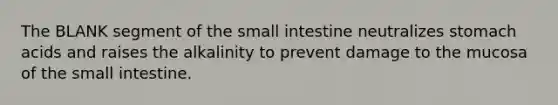 The BLANK segment of the small intestine neutralizes stomach acids and raises the alkalinity to prevent damage to the mucosa of the small intestine.