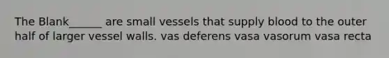 The Blank______ are small vessels that supply blood to the outer half of larger vessel walls. vas deferens vasa vasorum vasa recta