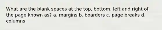 What are the blank spaces at the top, bottom, left and right of the page known as? a. margins b. boarders c. page breaks d. columns