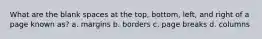 What are the blank spaces at the top, bottom, left, and right of a page known as? a. margins b. borders c. page breaks d. columns