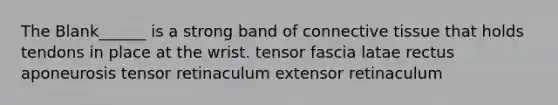 The Blank______ is a strong band of connective tissue that holds tendons in place at the wrist. tensor fascia latae rectus aponeurosis tensor retinaculum extensor retinaculum