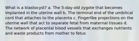 What is a blastocyst? a. The 5-day-old zygote that becomes implanted in the uterine wall b. The terminal end of the umbilical cord that attaches to the placenta c. Fingerlike projections on the uterine wall that act to separate fetal from maternal tissues d. The network of placental blood vessels that exchanges nutrients and waste products from mother to fetus