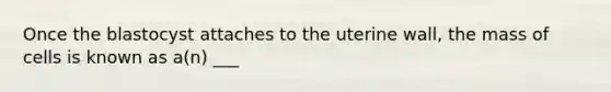 Once the blastocyst attaches to the uterine wall, the mass of cells is known as a(n) ___