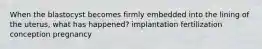 When the blastocyst becomes firmly embedded into the lining of the uterus, what has happened? implantation fertilization conception pregnancy