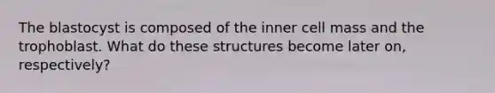 The blastocyst is composed of the inner cell mass and the trophoblast. What do these structures become later on, respectively?