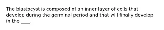 The blastocyst is composed of an inner layer of cells that develop during the germinal period and that will finally develop in the ____.