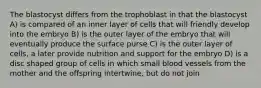 The blastocyst differs from the trophoblast in that the blastocyst A) is compared of an inner layer of cells that will friendly develop into the embryo B) is the outer layer of the embryo that will eventually produce the surface purse C) is the outer layer of cells, a later provide nutrition and support for the embryo D) is a disc shaped group of cells in which small blood vessels from the mother and the offspring intertwine, but do not join