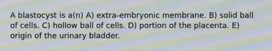 A blastocyst is a(n) A) extra-embryonic membrane. B) solid ball of cells. C) hollow ball of cells. D) portion of the placenta. E) origin of the urinary bladder.