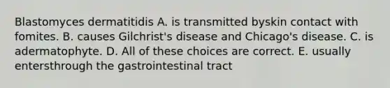 Blastomyces dermatitidis A. is transmitted byskin contact with fomites. B. causes Gilchrist's disease and Chicago's disease. C. is adermatophyte. D. All of these choices are correct. E. usually entersthrough the gastrointestinal tract