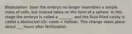 Blastulation: Soon the embryo no longer resembles a simple mass of cells, but instead takes on the form of a sphere. In this stage the embryo is called a _______, and the fluid-filled cavity is called a blastocoel (Gr: coelo = hollow). This change takes place about ___ hours after fertilization.