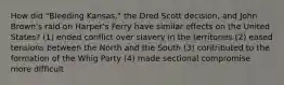 How did "Bleeding Kansas," the Dred Scott decision, and John Brown's raid on Harper's Ferry have similar effects on the United States? (1) ended conflict over slavery in the territories (2) eased tensions between the North and the South (3) contributed to the formation of the Whig Party (4) made sectional compromise more difficult