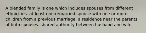 A blended family is one which includes spouses from different ethnicities. at least one remarried spouse with one or more children from a previous marriage. a residence near the parents of both spouses. shared authority between husband and wife.