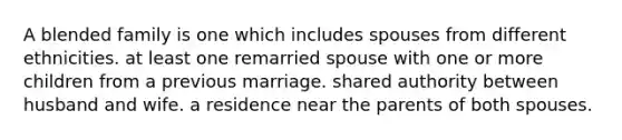 A blended family is one which includes spouses from different ethnicities. at least one remarried spouse with one or more children from a previous marriage. shared authority between husband and wife. a residence near the parents of both spouses.