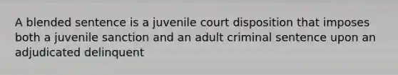 A blended sentence is a juvenile court disposition that imposes both a juvenile sanction and an adult criminal sentence upon an adjudicated delinquent