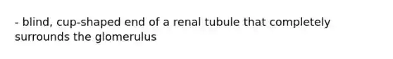 - blind, cup-shaped end of a renal tubule that completely surrounds the glomerulus