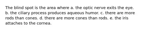 The blind spot is the area where a. the optic nerve exits the eye. b. the ciliary process produces aqueous humor. c. there are more rods than cones. d. there are more cones than rods. e. the iris attaches to the cornea.