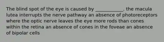 The blind spot of the eye is caused by ____________. the macula lutea interrupts the nerve pathway an absence of photoreceptors where the optic nerve leaves the eye more rods than cones within the retina an absence of cones in the foveae an absence of bipolar cells