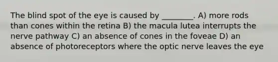 The blind spot of the eye is caused by ________. A) more rods than cones within the retina B) the macula lutea interrupts the nerve pathway C) an absence of cones in the foveae D) an absence of photoreceptors where the optic nerve leaves the eye