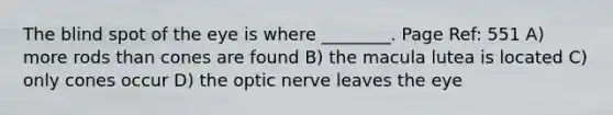 The blind spot of the eye is where ________. Page Ref: 551 A) more rods than cones are found B) the macula lutea is located C) only cones occur D) the optic nerve leaves the eye