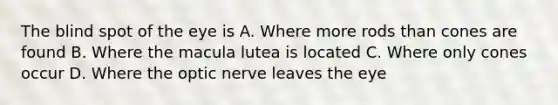 The blind spot of the eye is A. Where more rods than cones are found B. Where the macula lutea is located C. Where only cones occur D. Where the optic nerve leaves the eye