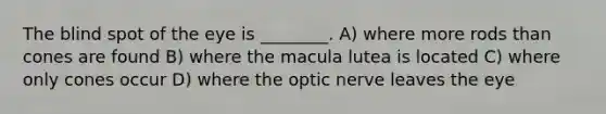 The blind spot of the eye is ________. A) where more rods than cones are found B) where the macula lutea is located C) where only cones occur D) where the optic nerve leaves the eye