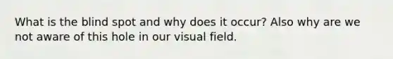 What is the blind spot and why does it occur? Also why are we not aware of this hole in our visual field.