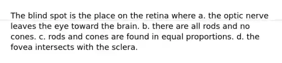 The blind spot is the place on the retina where a. the optic nerve leaves the eye toward the brain. b. there are all rods and no cones. c. rods and cones are found in equal proportions. d. the fovea intersects with the sclera.