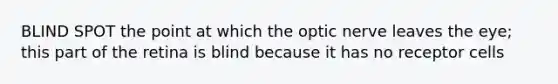 BLIND SPOT the point at which the optic nerve leaves the eye; this part of the retina is blind because it has no receptor cells