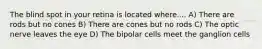 The blind spot in your retina is located where.... A) There are rods but no cones B) There are cones but no rods C) The optic nerve leaves the eye D) The bipolar cells meet the ganglion cells