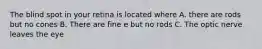 The blind spot in your retina is located where A. there are rods but no cones B. There are fine e but no rods C. The optic nerve leaves the eye
