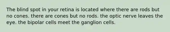 The blind spot in your retina is located where there are rods but no cones. there are cones but no rods. the optic nerve leaves the eye. the bipolar cells meet the ganglion cells.