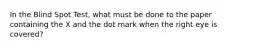 In the Blind Spot Test, what must be done to the paper containing the X and the dot mark when the right eye is covered?