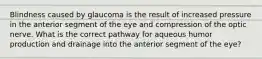 Blindness caused by glaucoma is the result of increased pressure in the anterior segment of the eye and compression of the optic nerve. What is the correct pathway for aqueous humor production and drainage into the anterior segment of the eye?