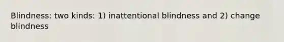 Blindness: two kinds: 1) inattentional blindness and 2) change blindness