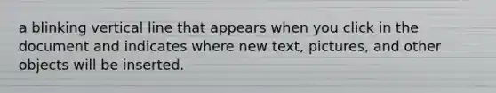 a blinking vertical line that appears when you click in the document and indicates where new text, pictures, and other objects will be inserted.