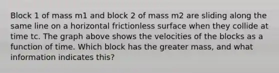 Block 1 of mass m1 and block 2 of mass m2 are sliding along the same line on a horizontal frictionless surface when they collide at time tc. The graph above shows the velocities of the blocks as a function of time. Which block has the greater mass, and what information indicates this?