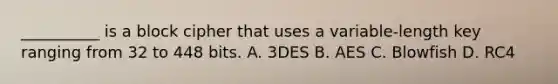 __________ is a block cipher that uses a variable-length key ranging from 32 to 448 bits. A. 3DES B. AES C. Blowfish D. RC4