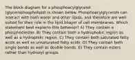 The block diagram for a phosphoacylglycerol (glycerophospholipid) is shown below. Phosphoacylglycerols can interact with both water and other lipids, and therefore are well suited for their role in the lipid bilayer of cell membranes. Which statement best explains this behavior? A) They contain a phosphodiester. B) They contain both a hydrophobic region as well as a hydrophilic region. C) They contain both saturated fatty acids as well as unsaturated fatty acids. D) They contain both single bonds as well as double bonds. E) They contain esters rather than hydroxyl groups