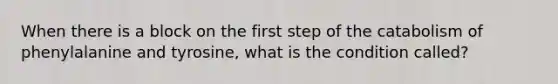 When there is a block on the first step of the catabolism of phenylalanine and tyrosine, what is the condition called?