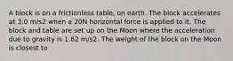 A block is on a frictionless table, on earth. The block accelerates at 3.0 m/s2 when a 20N horizontal force is applied to it. The block and table are set up on the Moon where the acceleration due to gravity is 1.62 m/s2. The weight of the block on the Moon is closest to