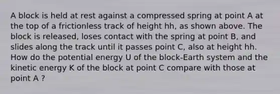 A block is held at rest against a compressed spring at point A at the top of a frictionless track of height hh, as shown above. The block is released, loses contact with the spring at point B, and slides along the track until it passes point C, also at height hh. How do the potential energy U of the block-Earth system and the kinetic energy K of the block at point C compare with those at point A ?