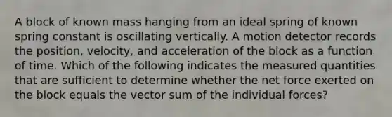 A block of known mass hanging from an ideal spring of known spring constant is oscillating vertically. A motion detector records the position, velocity, and acceleration of the block as a function of time. Which of the following indicates the measured quantities that are sufficient to determine whether the net force exerted on the block equals the vector sum of the individual forces?