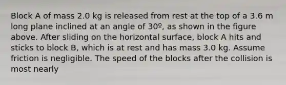 Block A of mass 2.0 kg is released from rest at the top of a 3.6 m long plane inclined at an angle of 30º, as shown in the figure above. After sliding on the horizontal surface, block A hits and sticks to block B, which is at rest and has mass 3.0 kg. Assume friction is negligible. The speed of the blocks after the collision is most nearly