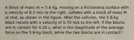 A block of mass m = 5.6 kg, moving on a frictionless surface with a velocity of 6.5 m/s to the right, collides with a block of mass M at rest, as shown in the figure. After the collision, the 5.6-kg block recoils with a velocity of 0.70 m/s to the left. If the blocks are in contact for 0.20 s, what is the magnitude of the average force on the 5.6-kg block, while the two blocks are in contact?