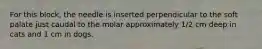 For this block, the needle is inserted perpendicular to the soft palate just caudal to the molar approximately 1/2 cm deep in cats and 1 cm in dogs.