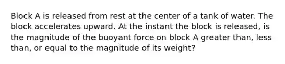 Block A is released from rest at the center of a tank of water. The block accelerates upward. At the instant the block is released, is the magnitude of the buoyant force on block A greater than, less than, or equal to the magnitude of its weight?