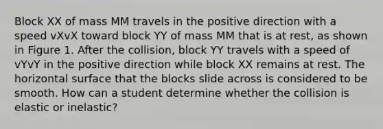 Block XX of mass MM travels in the positive direction with a speed vXvX toward block YY of mass MM that is at rest, as shown in Figure 1. After the collision, block YY travels with a speed of vYvY in the positive direction while block XX remains at rest. The horizontal surface that the blocks slide across is considered to be smooth. How can a student determine whether the collision is elastic or inelastic?