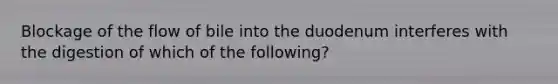 Blockage of the flow of bile into the duodenum interferes with the digestion of which of the following?