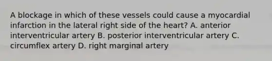 A blockage in which of these vessels could cause a myocardial infarction in the lateral right side of the heart? A. anterior interventricular artery B. posterior interventricular artery C. circumflex artery D. right marginal artery