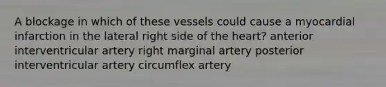 A blockage in which of these vessels could cause a myocardial infarction in the lateral right side of the heart? anterior interventricular artery right marginal artery posterior interventricular artery circumflex artery